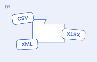 Illustration of CSV, XLSX and XML files being connected and uploaded.