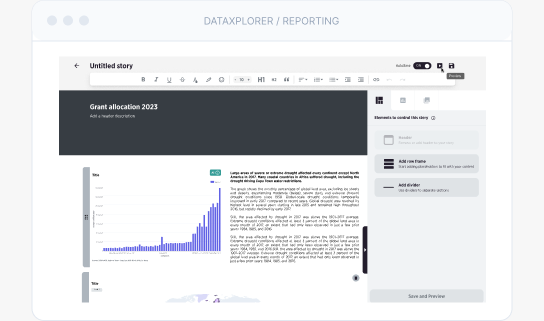 Dataxplorer Reporting screen: an "Untitled story" report builder combining a header, bar charts and narrative text on a flexible canvas.