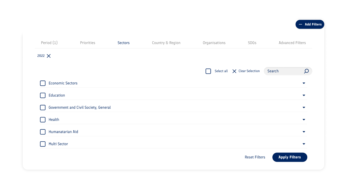 Sector filter panel with search, select-all and applied filters for economic sectors, education, health and more.