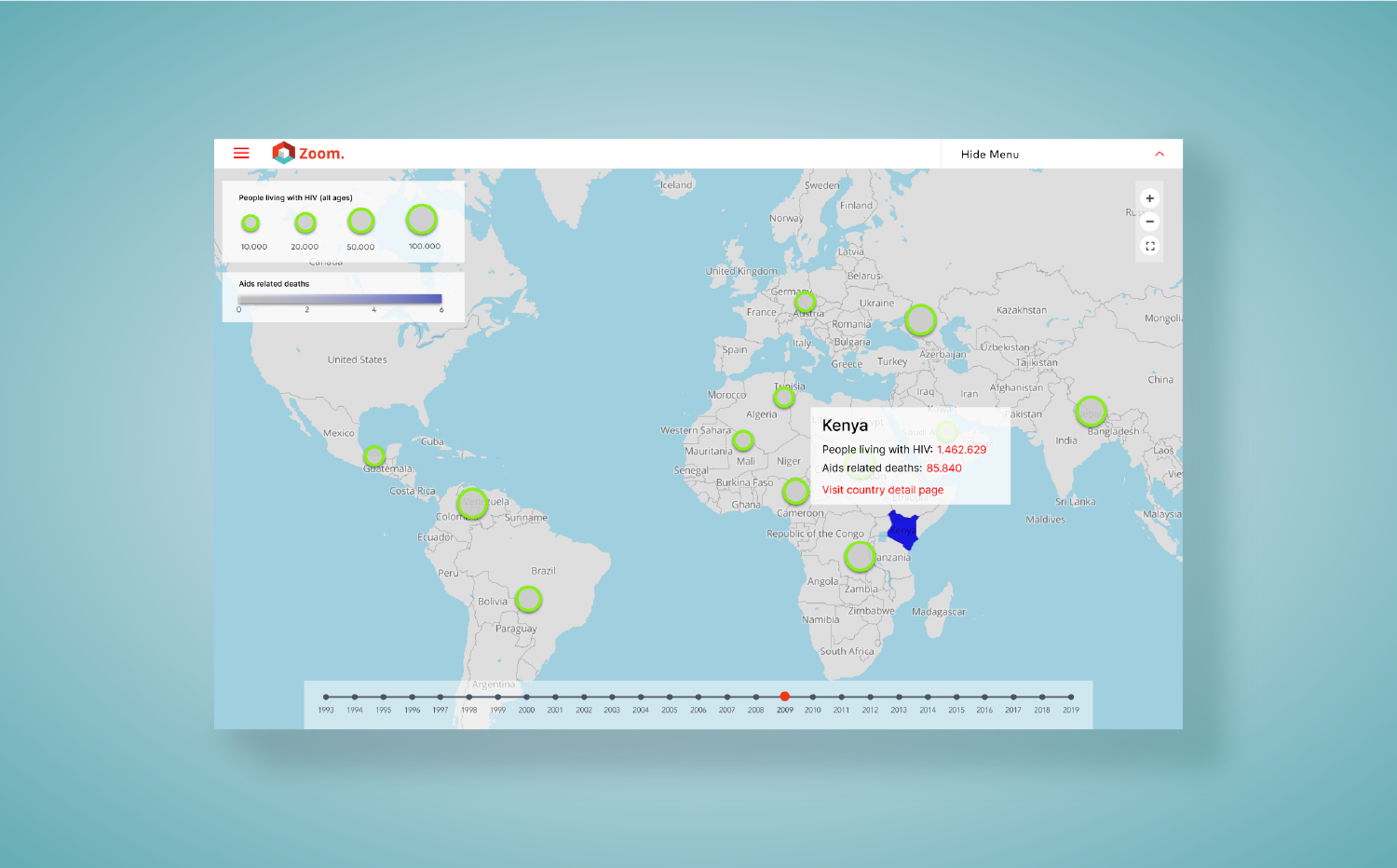 Zoom interactive world map of HIV data.